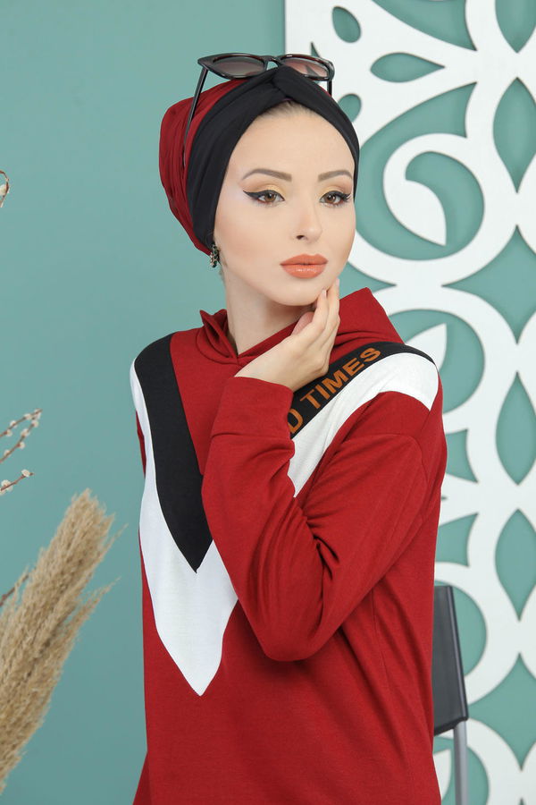 Düz Orta Kadın Bordo Kapşonlu Tunik Haki  - 7688 BORDO