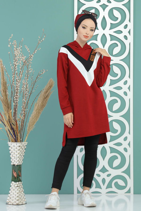 Düz Orta Kadın Bordo Kapşonlu Tunik Haki  - 7688 BORDO
