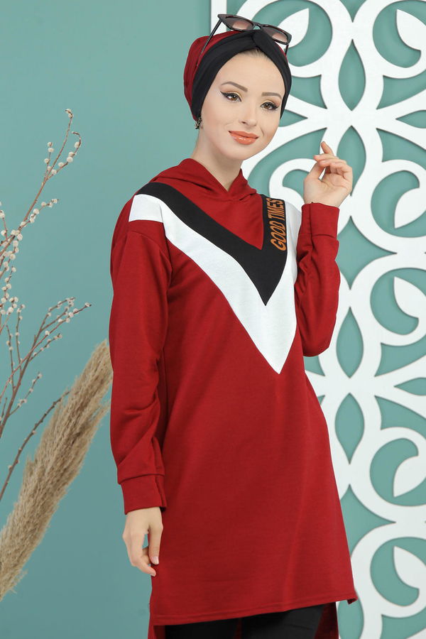 Düz Orta Kadın Bordo Kapşonlu Tunik Haki  - 7688 BORDO