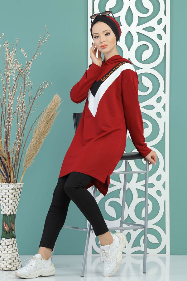 Düz Orta Kadın Bordo Kapşonlu Tunik Haki  - 7688 BORDO
