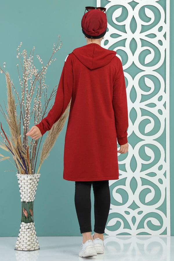 Düz Orta Kadın Bordo Kapşonlu Tunik Haki  - 7688 BORDO