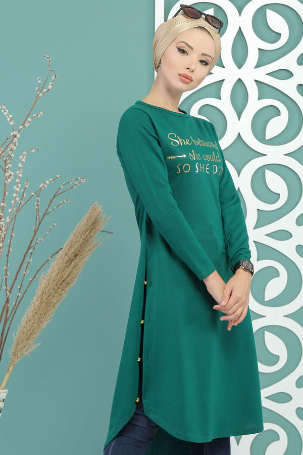 Düz Orta Kadın Yeşil Tunik Siyah  - 7582 YEŞİL