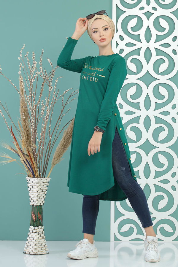 Düz Orta Kadın Yeşil Tunik Siyah  - 7582 YEŞİL