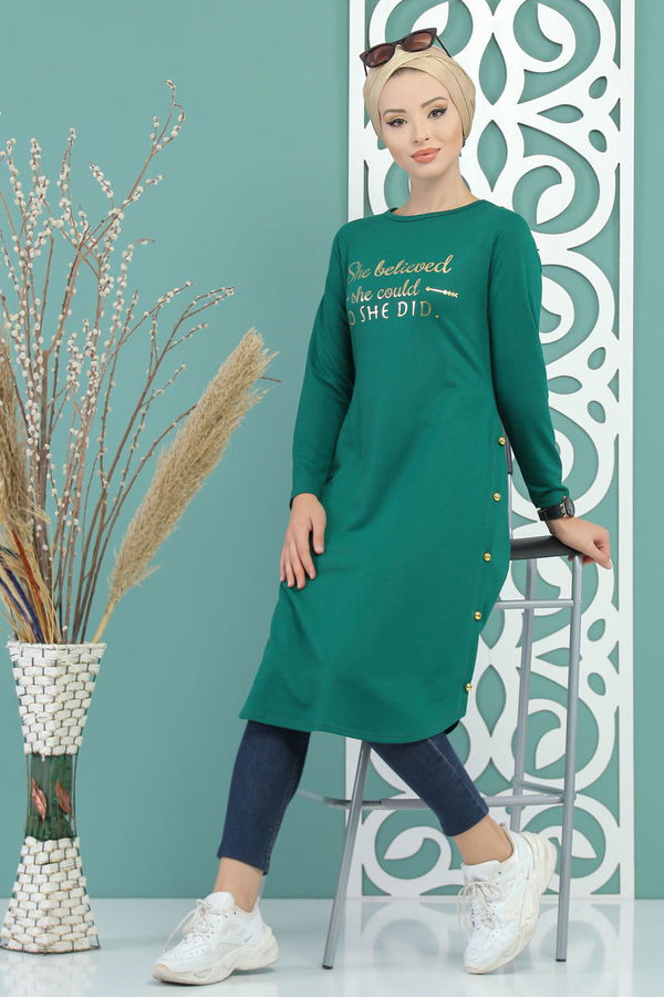 Düz Orta Kadın Yeşil Tunik Siyah  - 7582 YEŞİL