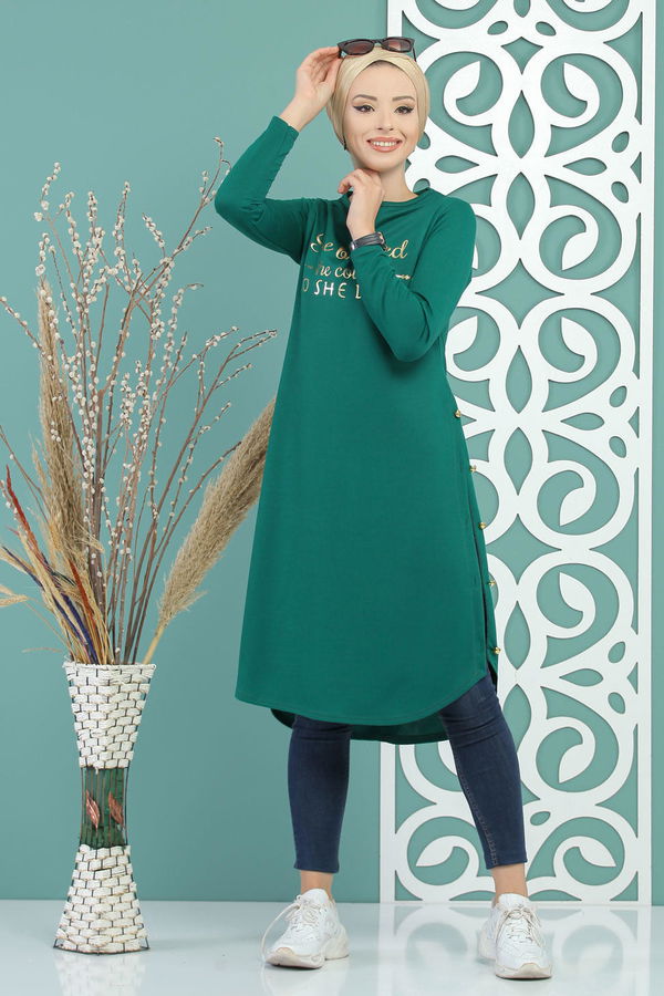 Düz Orta Kadın Yeşil Tunik Siyah  - 7582 YEŞİL
