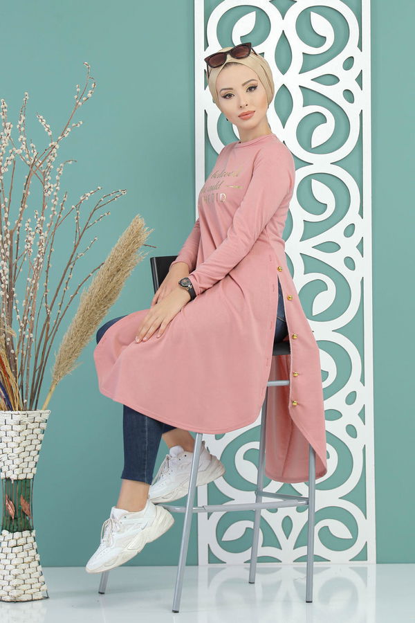 Düz Orta Kadın Pembe Tunik Siyah  - 7582 PEMBE