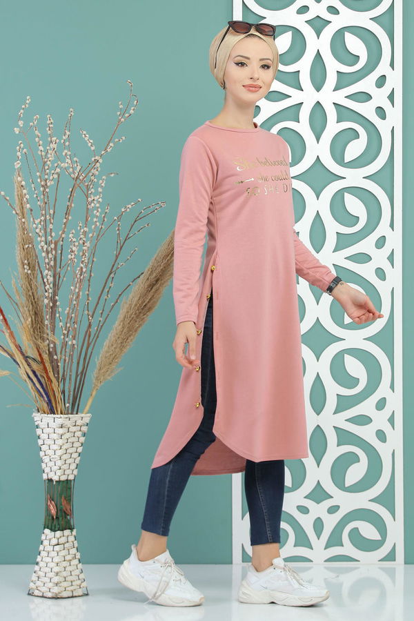 Düz Orta Kadın Pembe Tunik Siyah  - 7582 PEMBE