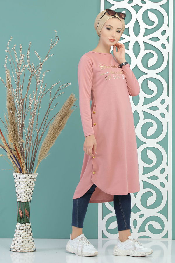 Düz Orta Kadın Pembe Tunik Siyah  - 7582 PEMBE