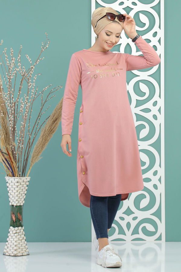Düz Orta Kadın Pembe Tunik Siyah  - 7582 PEMBE