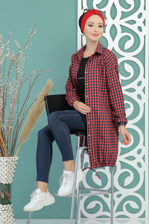 Düz Orta Kadın Kırmızı Ekose Tunik Kirmizi - 02 7684 - 7684