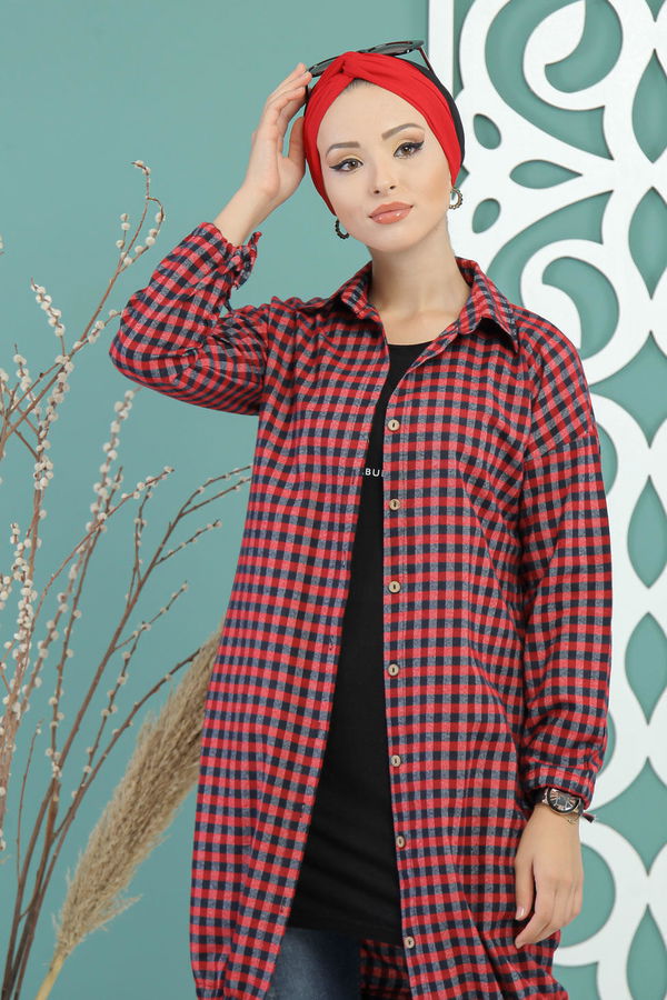Düz Orta Kadın Kırmızı Ekose Tunik Kirmizi - 02 7684 - 7684