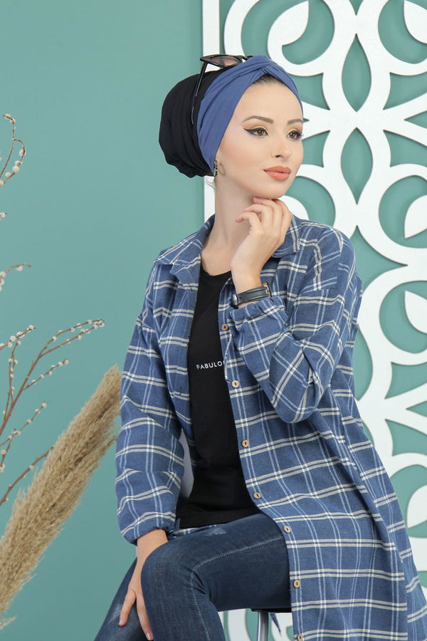 Düz Orta Kadın Mavi Ekose Tunik İndigo - 02 7686 - 7686