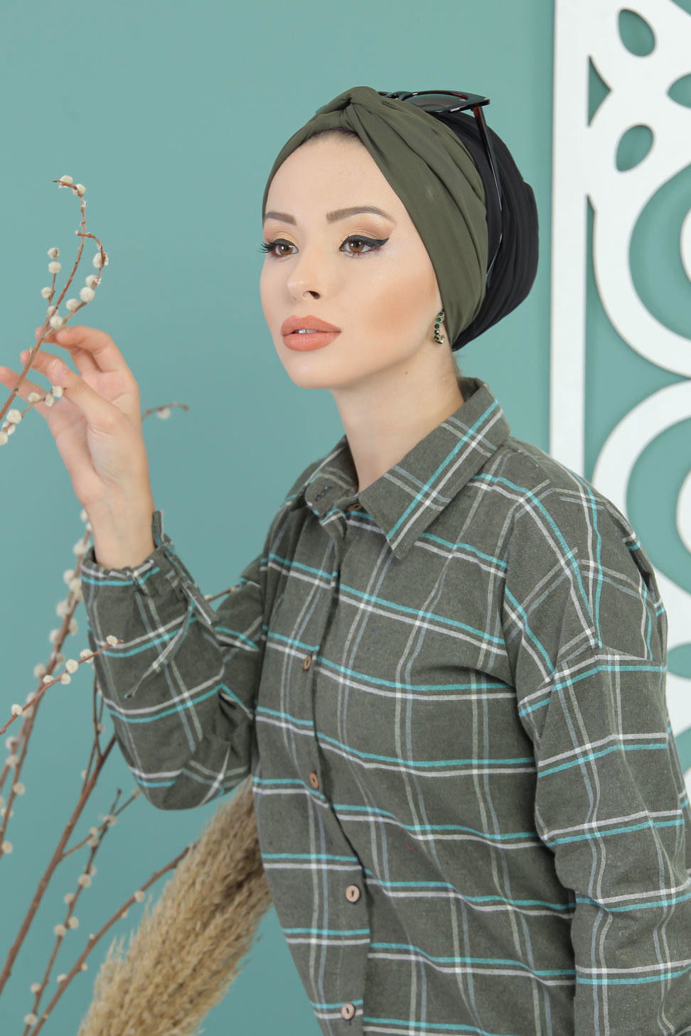 Düz Orta Kadın Haki Ekose Tunik Haki - 02 7686 - 7686