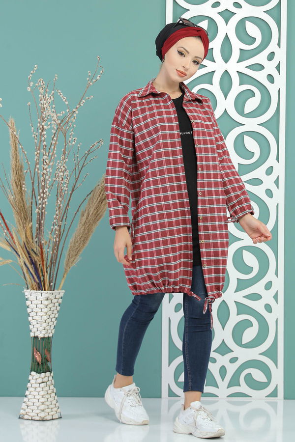 Düz Orta Kadın Kırmızı Ekose Tunik Vişne - 02 7687 - 7687 Kırmızı