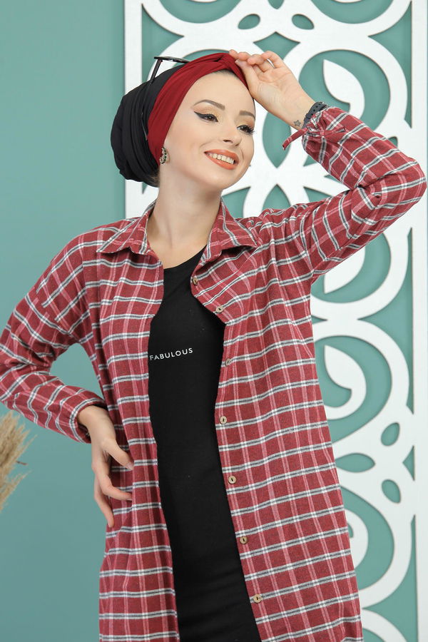 Düz Orta Kadın Kırmızı Ekose Tunik Vişne - 02 7687 - 7687 Kırmızı