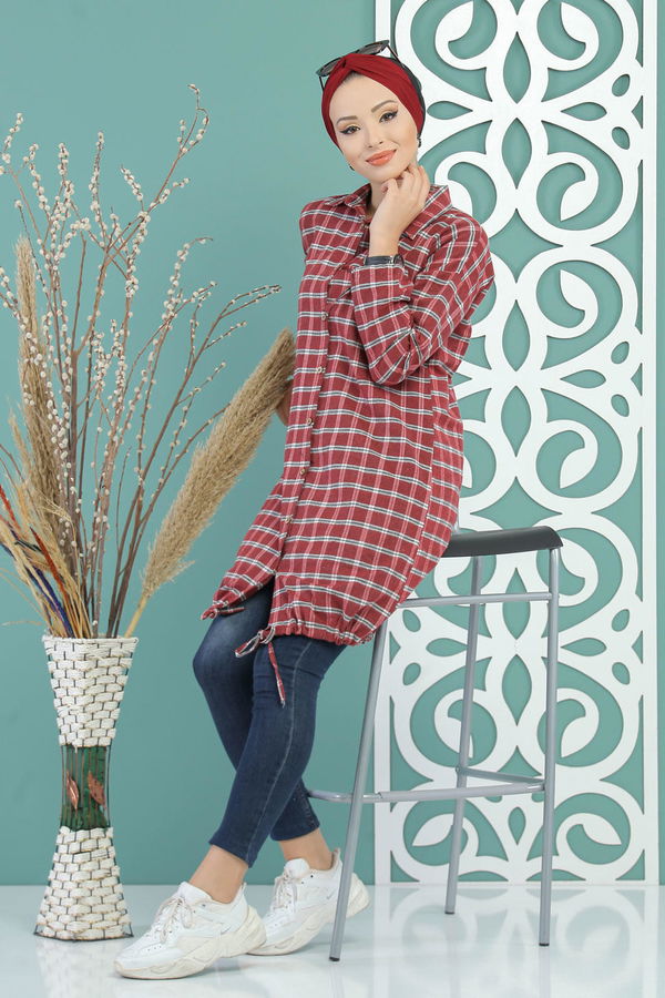 Düz Orta Kadın Kırmızı Ekose Tunik Vişne - 02 7687 - 7687 Kırmızı