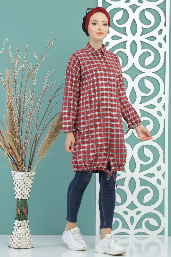 Düz Orta Kadın Kırmızı Ekose Tunik Vişne - 02 7687 - 7687 Kırmızı