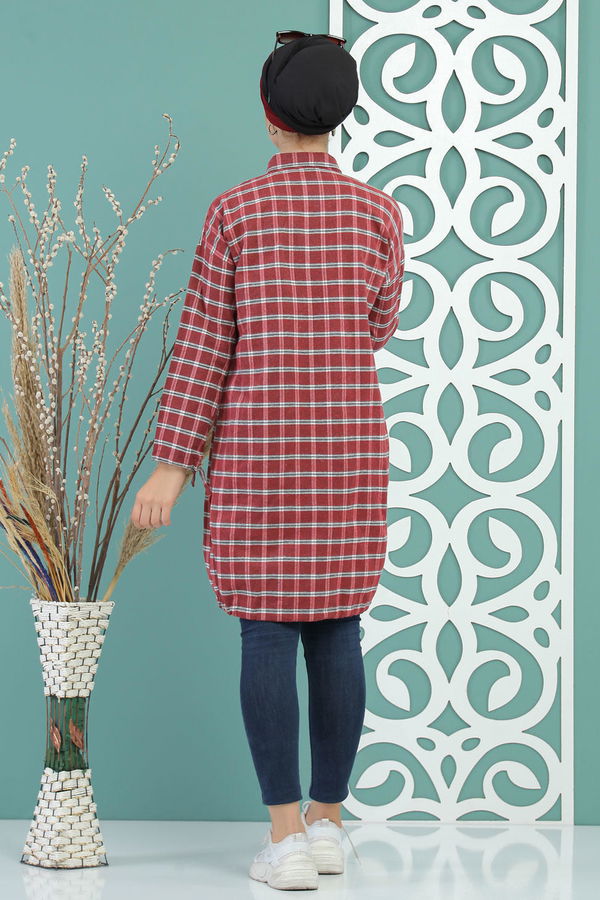 Düz Orta Kadın Kırmızı Ekose Tunik Vişne - 02 7687 - 7687 Kırmızı