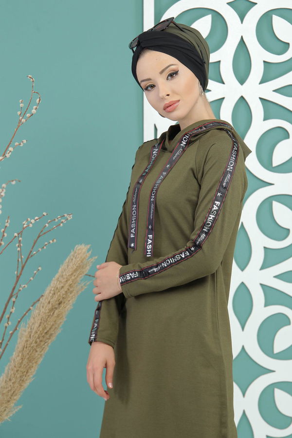Düz Orta Kadın Haki Kapşonlu Tunik Siyah  - 7689