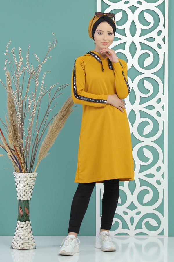 Düz Orta Kadın Sarı Kapşonlu Tunik Siyah  - 7689 Sarı
