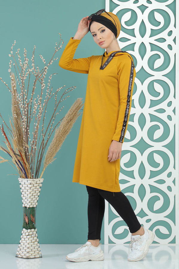 Düz Orta Kadın Sarı Kapşonlu Tunik Siyah  - 7689 Sarı