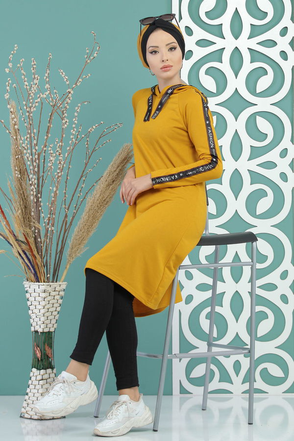 Düz Orta Kadın Sarı Kapşonlu Tunik Siyah  - 7689 Sarı