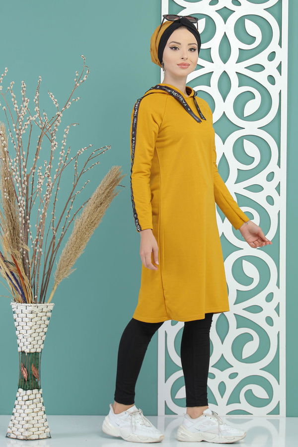 Düz Orta Kadın Sarı Kapşonlu Tunik Siyah  - 7689 Sarı