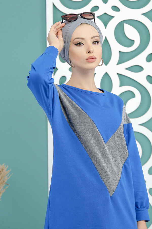 Düz Orta Kadın Mavi Simli Tunik Siyah  - 7694