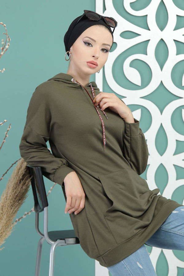 Düz Orta Kadın Haki Kapşonlu Tunik Haki - 02 7702 - 7702 HAKİ