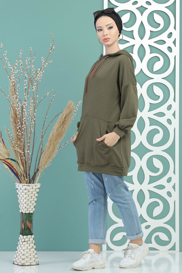 Düz Orta Kadın Haki Kapşonlu Tunik Haki - 02 7702 - 7702 HAKİ