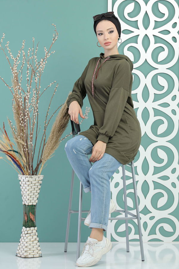 Düz Orta Kadın Haki Kapşonlu Tunik Haki - 02 7702 - 7702 HAKİ
