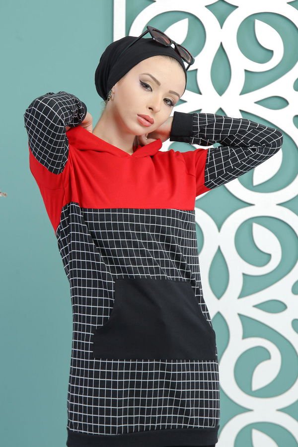 Düz Orta Kadın Siyah Kapşonlu Tunik Siyah - 02 7712 - 7712 SİYAH