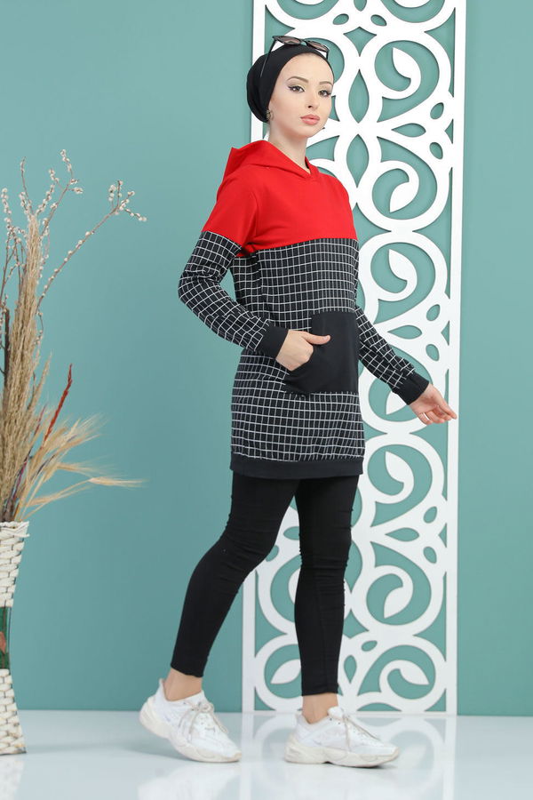 Düz Orta Kadın Siyah Kapşonlu Tunik Siyah - 02 7712 - 7712 SİYAH
