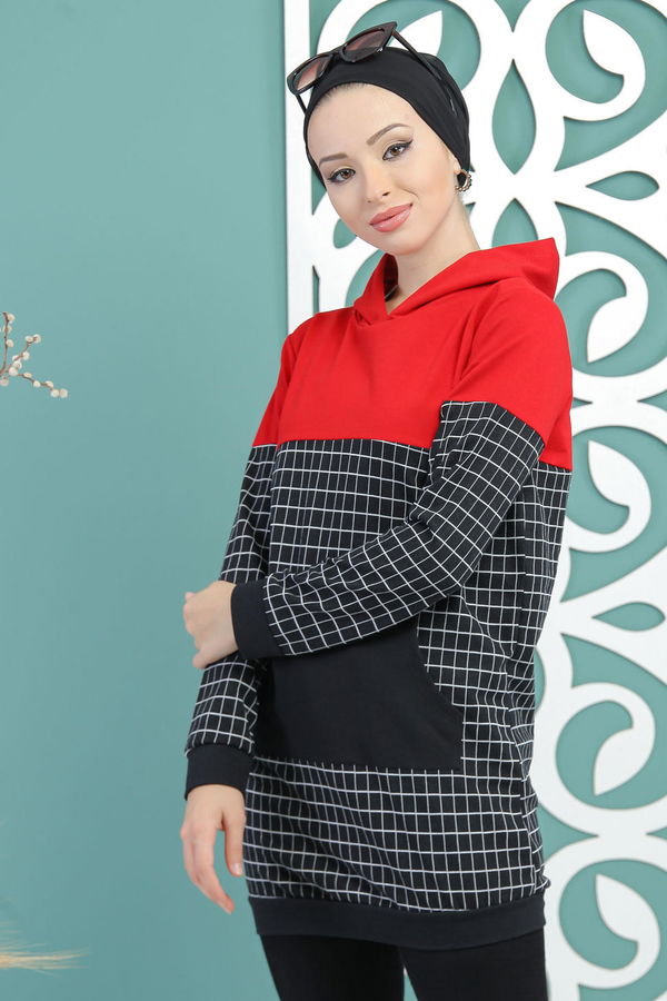 Düz Orta Kadın Siyah Kapşonlu Tunik Siyah - 02 7712 - 7712 SİYAH