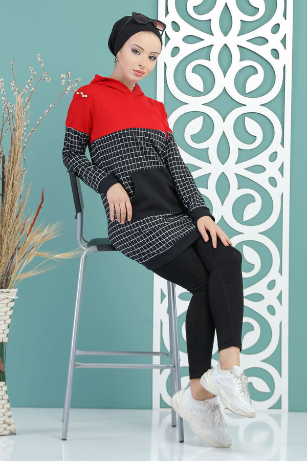 Düz Orta Kadın Siyah Kapşonlu Tunik Siyah - 02 7712 - 7712 SİYAH