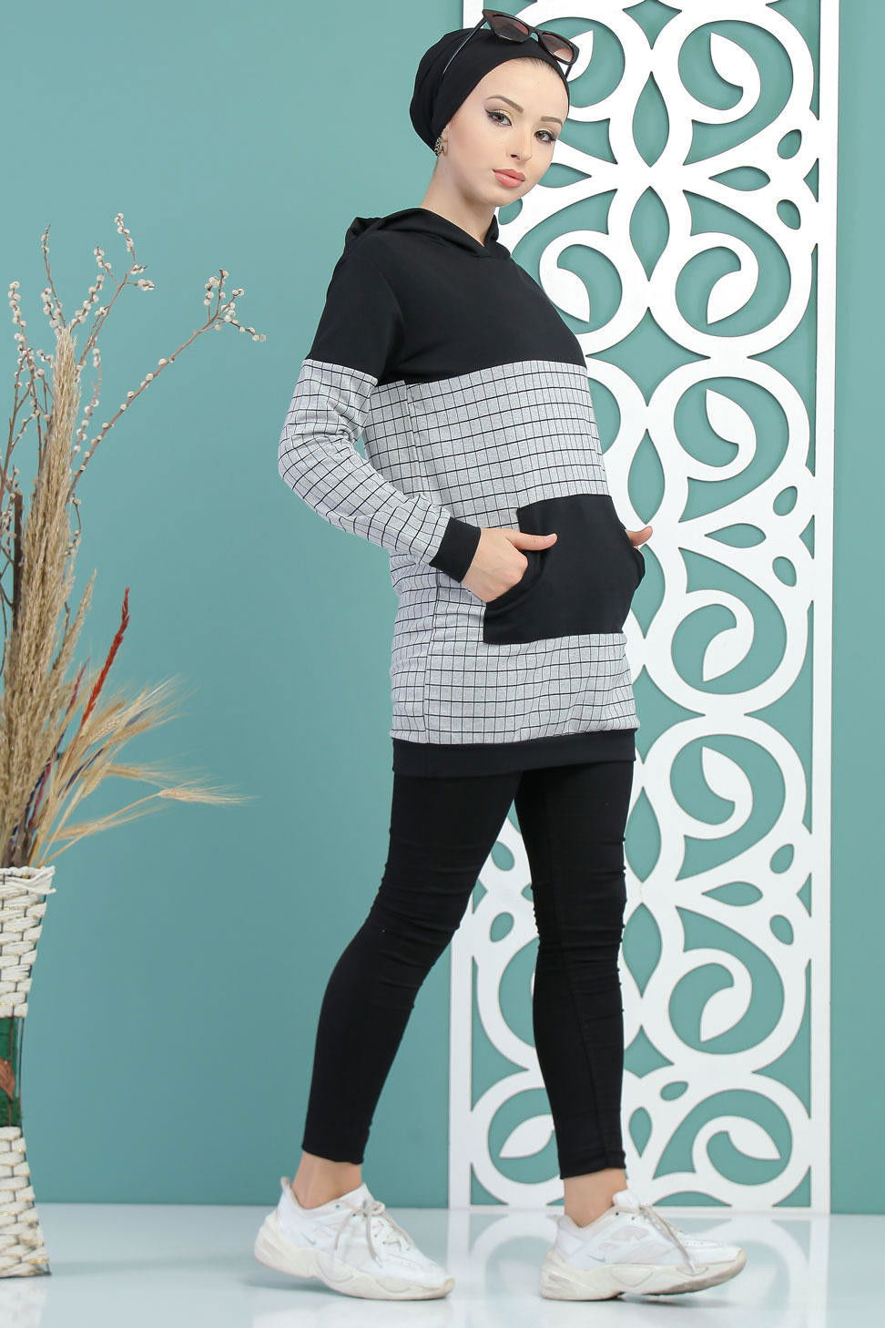 Düz Orta Kadın Gri Kapşonlu Tunik Gri - 02 7712 - 7712 GRİ