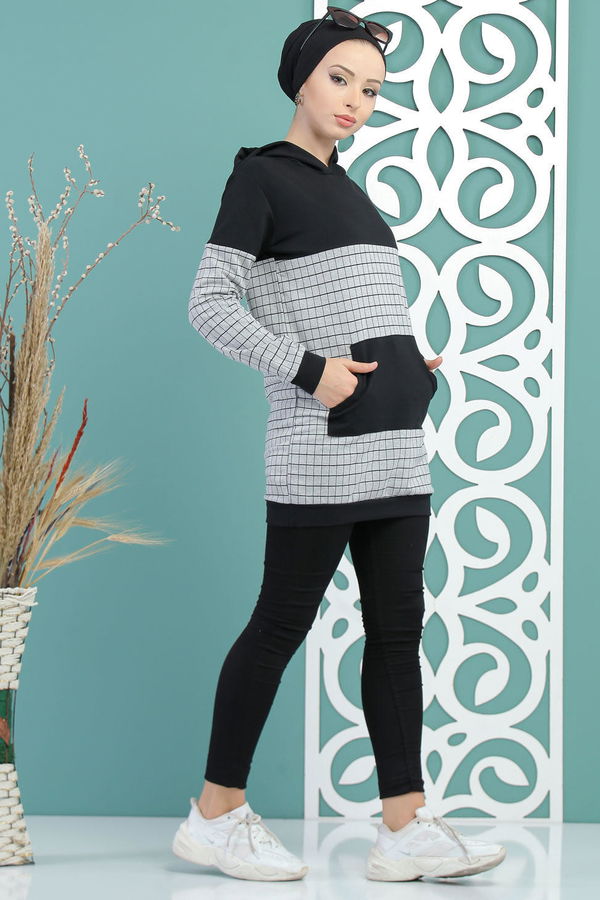 Düz Orta Kadın Gri Kapşonlu Tunik Gri - 02 7712 - 7712 GRİ