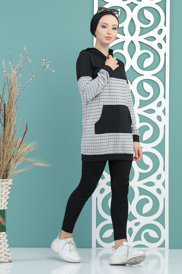 Düz Orta Kadın Gri Kapşonlu Tunik Gri - 02 7712 - 7712 GRİ