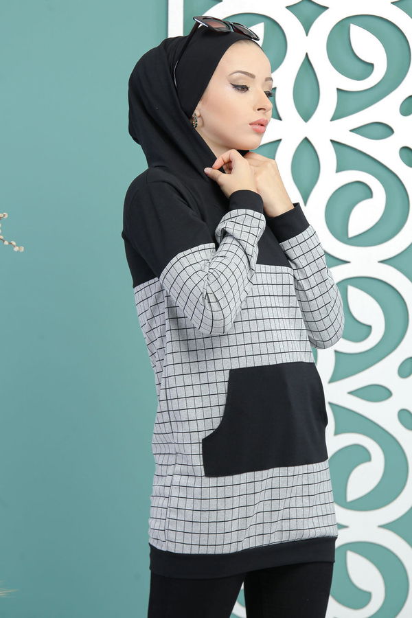Düz Orta Kadın Gri Kapşonlu Tunik Gri - 02 7712 - 7712 GRİ