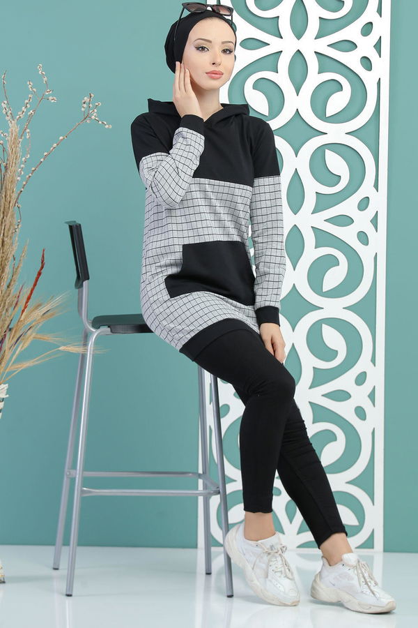 Düz Orta Kadın Gri Kapşonlu Tunik Gri - 02 7712 - 7712 GRİ