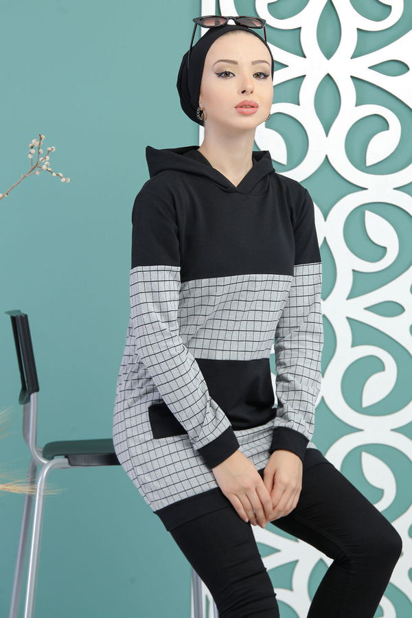 Düz Orta Kadın Gri Kapşonlu Tunik Gri - 02 7712 - 7712 GRİ