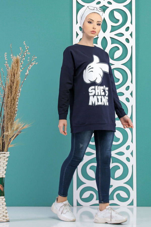 Düz Orta Kadın Lacivert Baskılı Tunik Siyah  - 5099