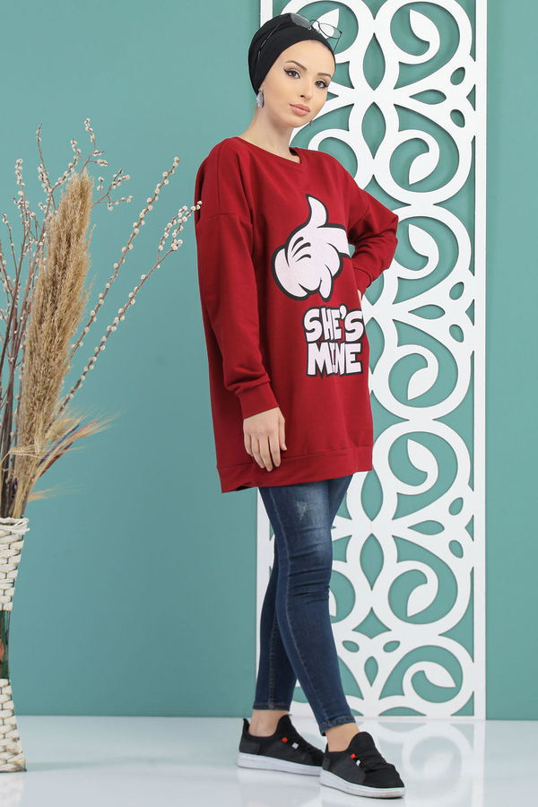 Düz Orta Kadın Bordo Baskılı Tunik Siyah  - 5099 BORDO