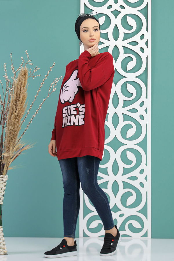 Düz Orta Kadın Bordo Baskılı Tunik Siyah  - 5099 BORDO