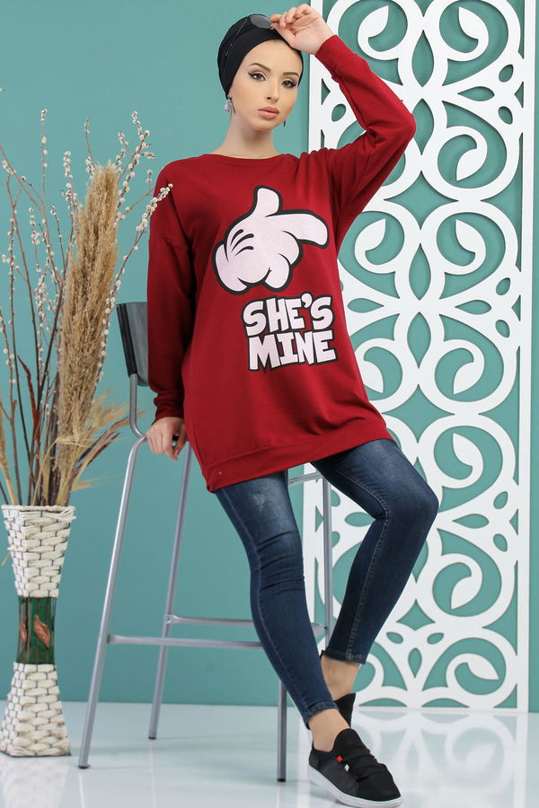 Düz Orta Kadın Bordo Baskılı Tunik Siyah  - 5099 BORDO