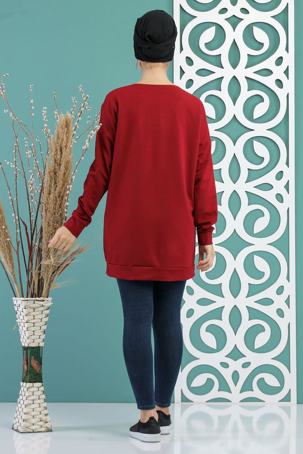 Düz Orta Kadın Bordo Baskılı Tunik Siyah  - 5099 BORDO