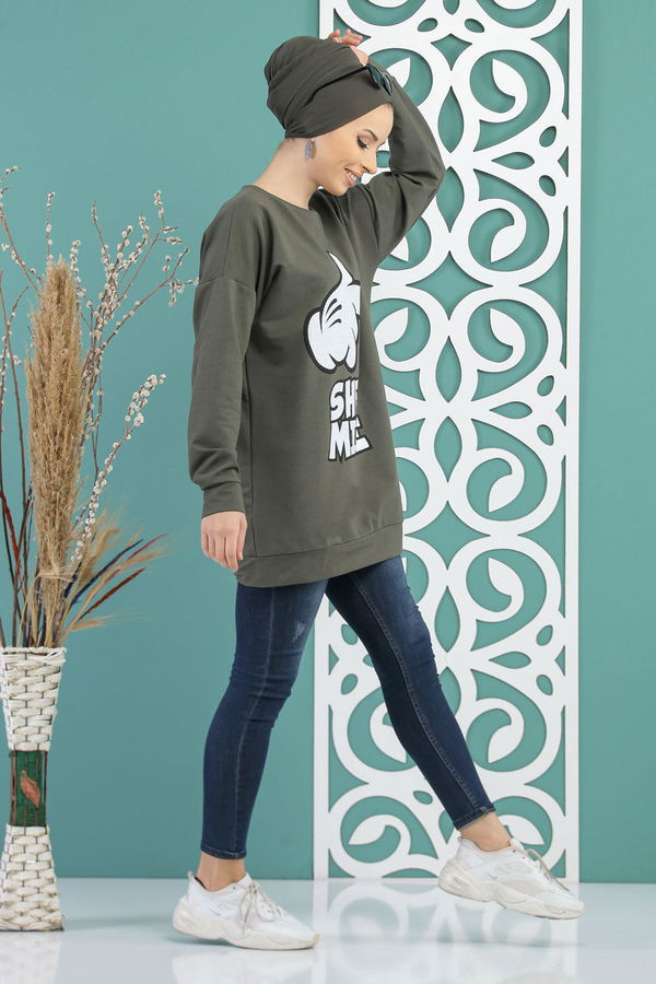 Düz Orta Kadın Haki Baskılı Tunik Siyah  - 5099