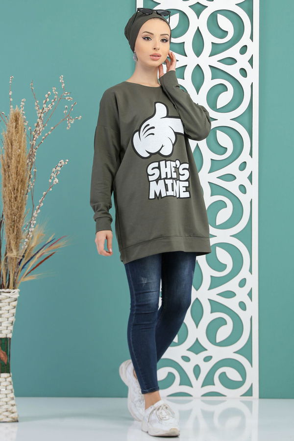 Düz Orta Kadın Haki Baskılı Tunik Siyah  - 5099