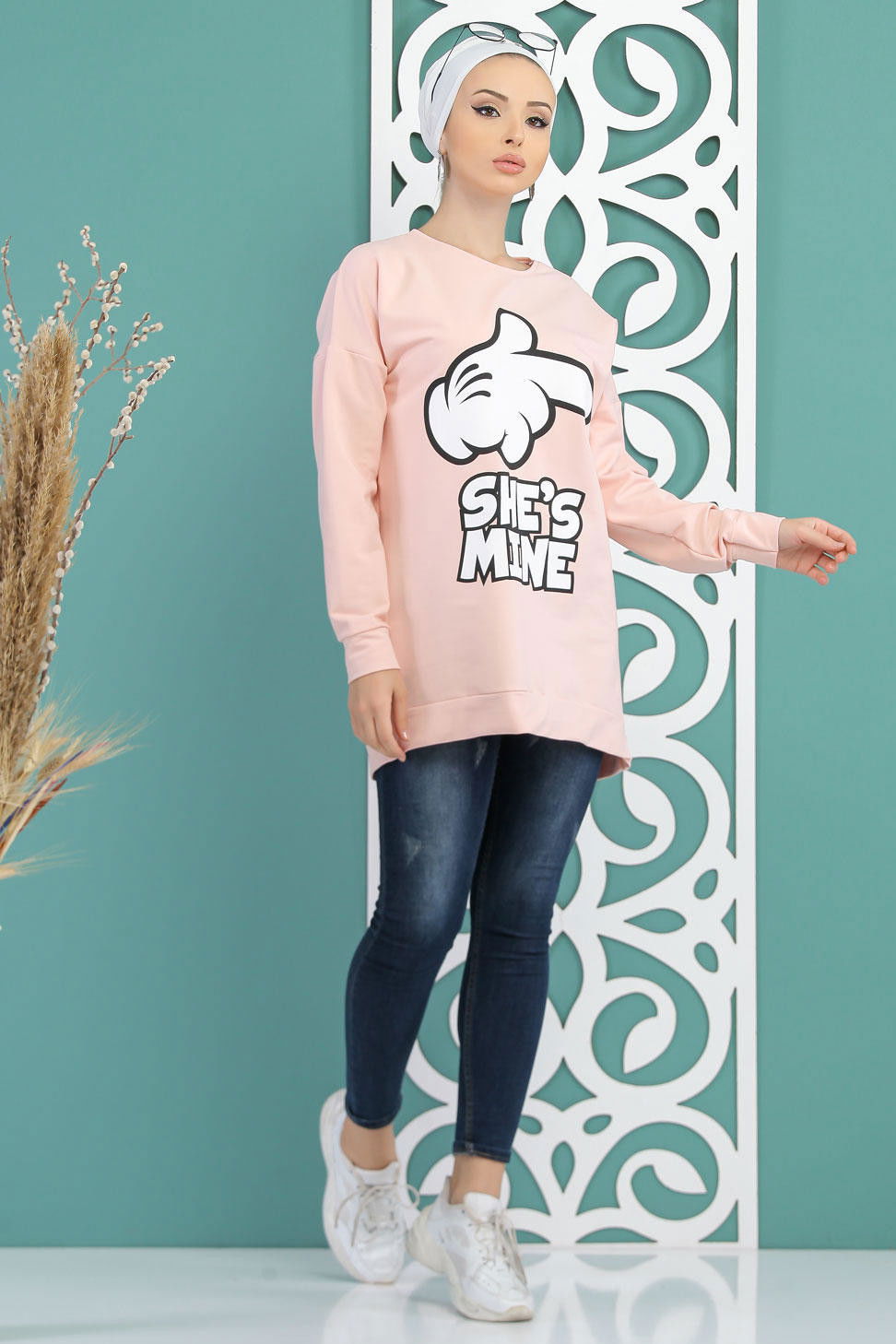 Düz Orta Kadın Pembe Baskılı Tunik Siyah  - 5099