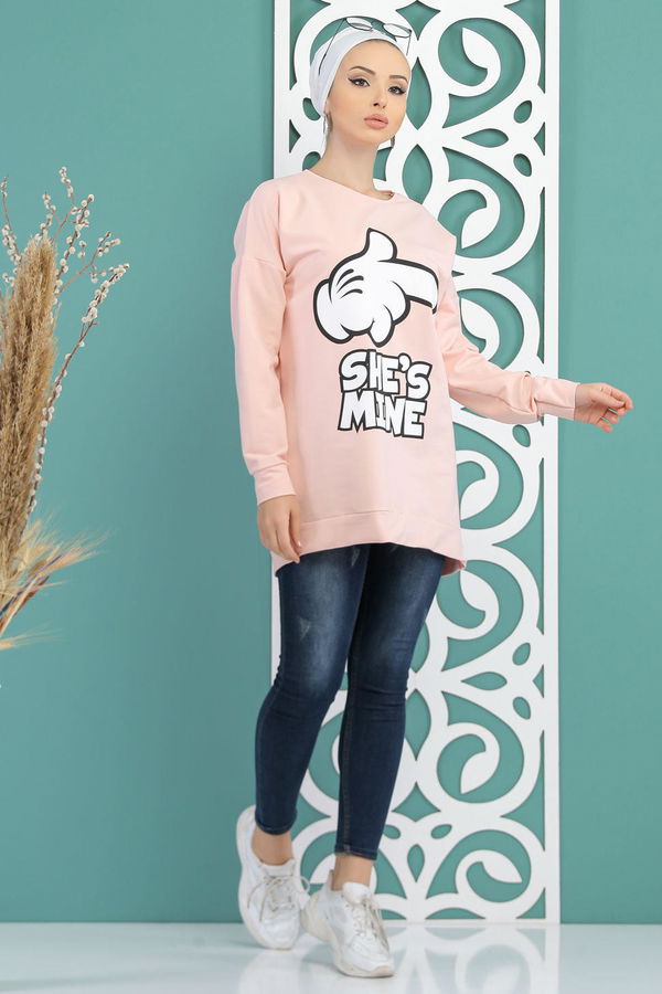 Düz Orta Kadın Pembe Baskılı Tunik Siyah  - 5099